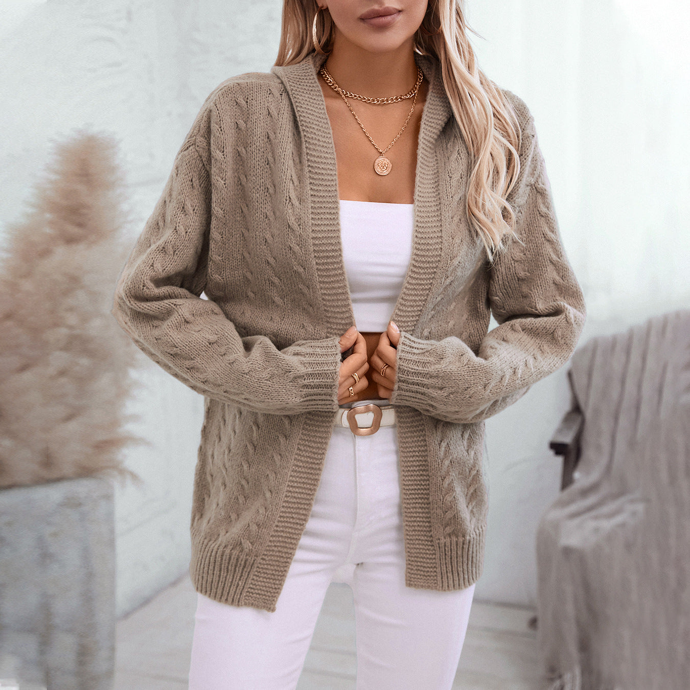 Autumn Winter Solid Color Hooded Knit Cardigan Women Retro Loose Long Sleeve Sweater Coat Women