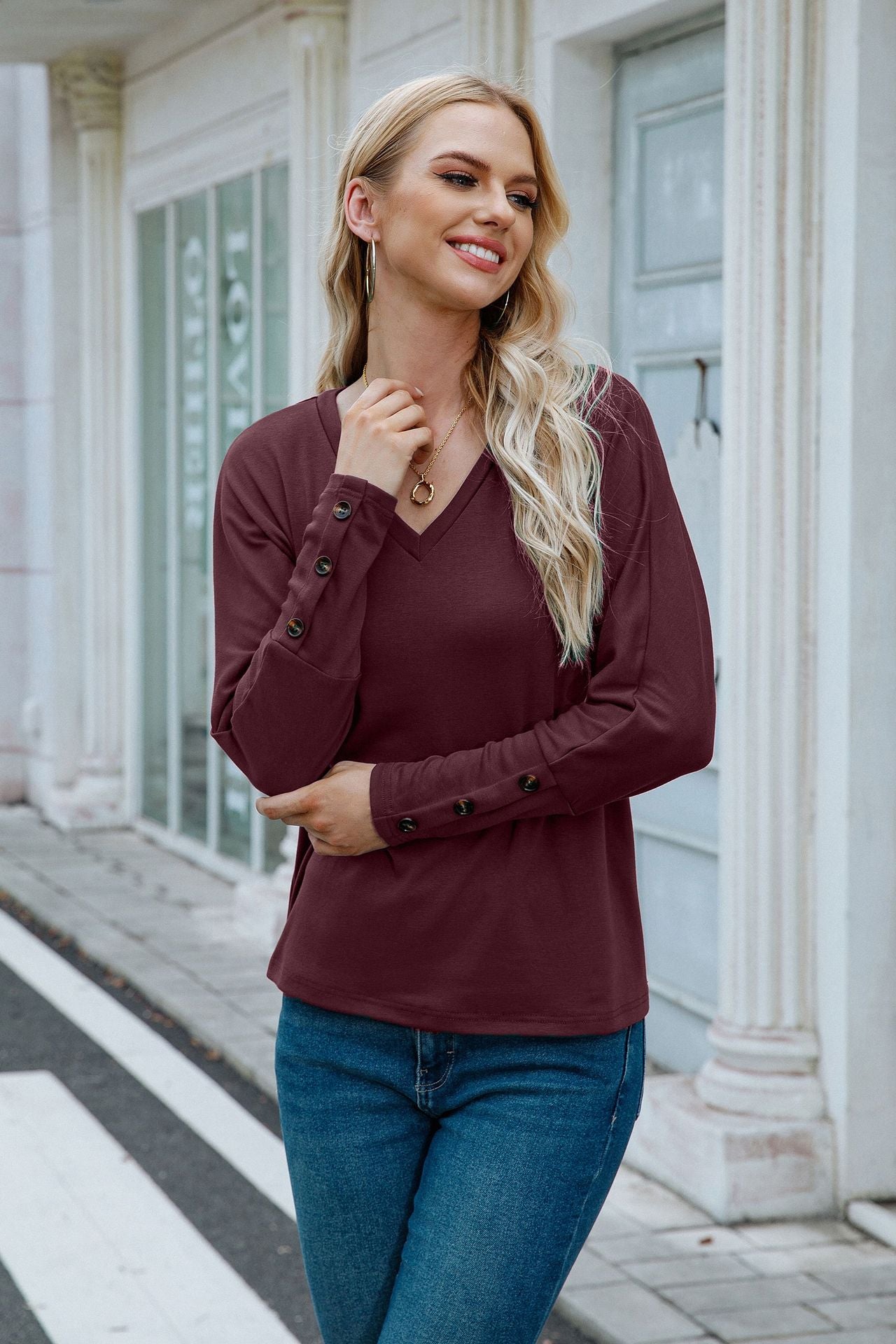 Women Clothing V neck Long Sleeved T shirt Solid Color Buttons Top