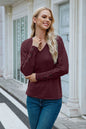 Women Clothing V neck Long Sleeved T shirt Solid Color Buttons Top