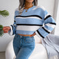 Autumn Winter Casual Striped Long Sleeves Cropped Knitted Sweater Women Clothing