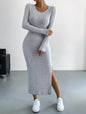 Autumn Winter Long Sleeve Crew Neck Split Knitted Maxi Dress Women