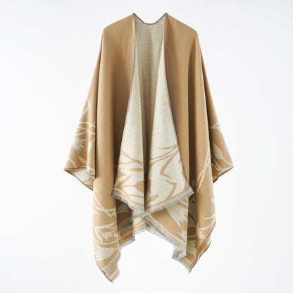 Women Double Sided Loose Shawl Jacquard Split Thickened Warm Split Shawl Popular Cape