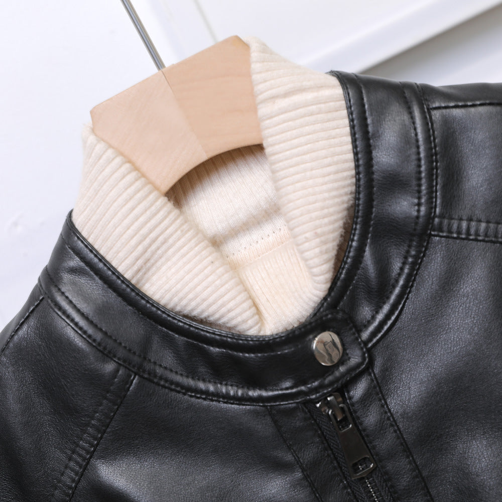 Fall Women Short Stand Collar Faux Leather Motorcycle Simple Leather Jacket Casual Coat