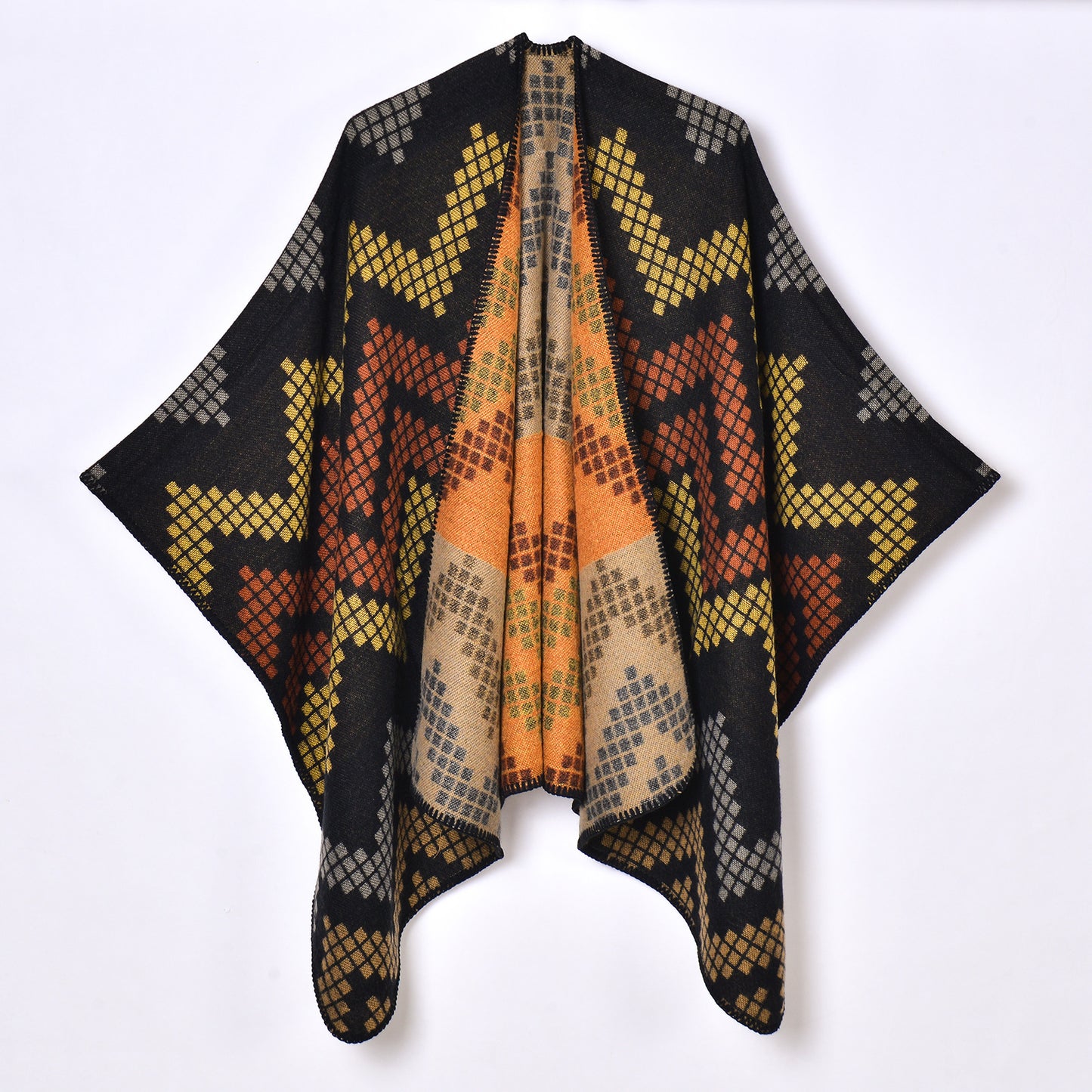 Autumn Winter Women Simple Elegant Jacquard Thickened Shawl Knitted Slit Warm Cloak