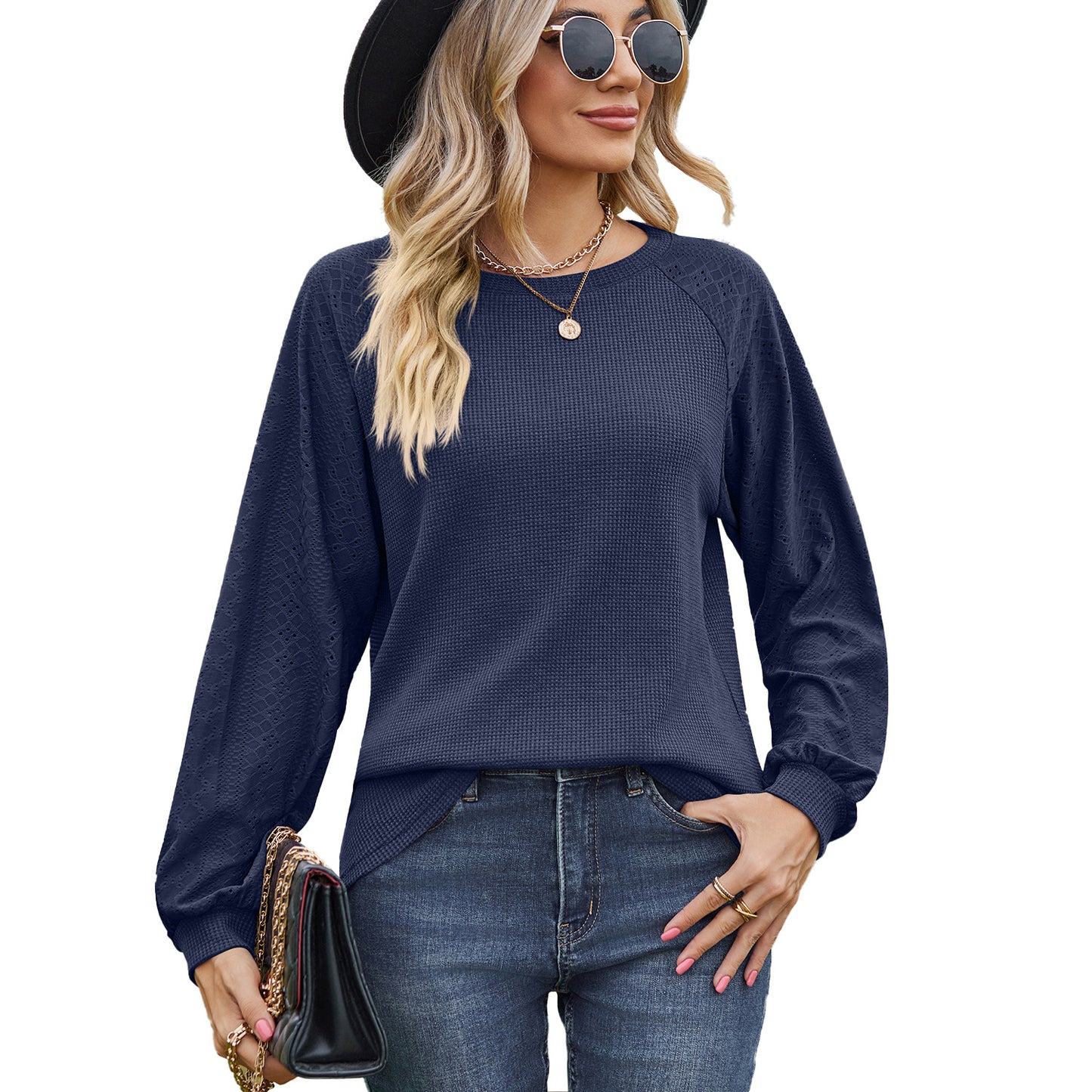 Autumn Winter Solid Color round Neck Stitching Loose Long Sleeve T shirt Top Women