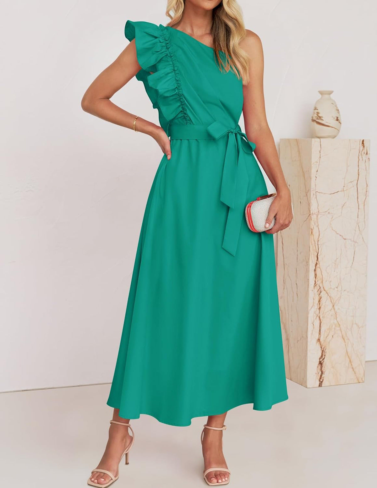 Women Maxi Dress Oblique Shoulder Wooden Ear Belt Dress Bridesmaid Toast Dress