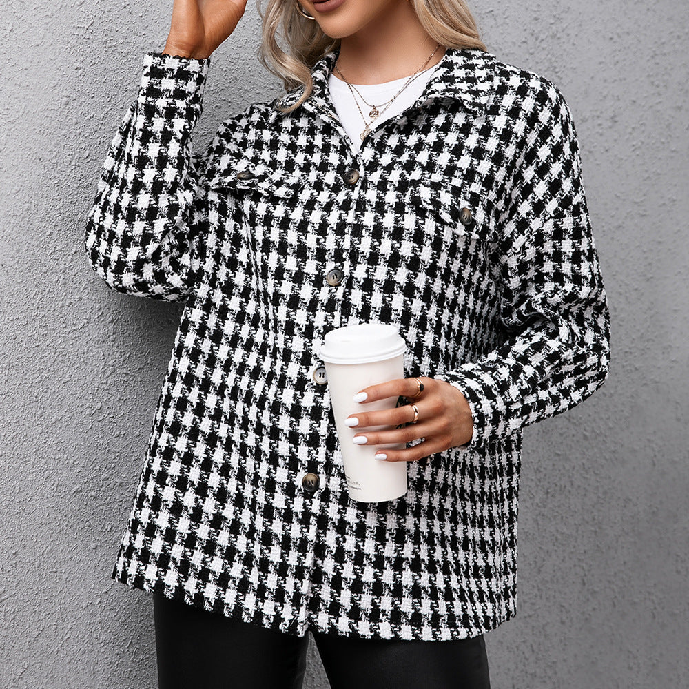 Single Breasted Houndstooth Casual Jacket Collared Windbreaker Coat Top Women