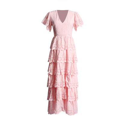 French Vintage Court Spring Flying Sleeves Hollow Out Cutout Lace Design Long Tiered Dress Women