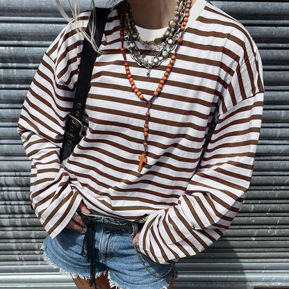 Street Retro Contrast Color Striped Basic Loose T Shirt Autumn Sexy Thin Round Neck Long Sleeve