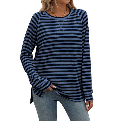 Autumn Winter Striped Contrast Color round Neck Long Sleeve Loose Fitting T shirt Top Women