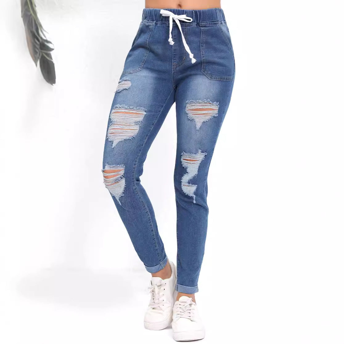 Slim Fit Trendy High Waist Hole Denim Skinny Pants