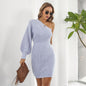 Crossbody Waist Woolen Dress Women Shoulder Long Sleeve High Waist Knit Sheath Dress Autumn Winter Women Clothing