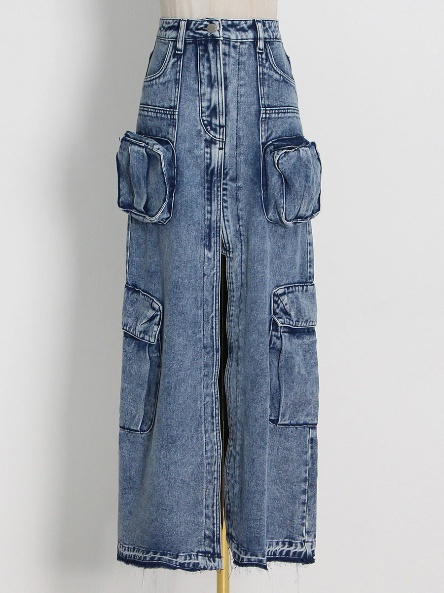 Hipsters High Street Spring High Waist Long Straight Front Slit Design Denim Solid Color Women  Skirt