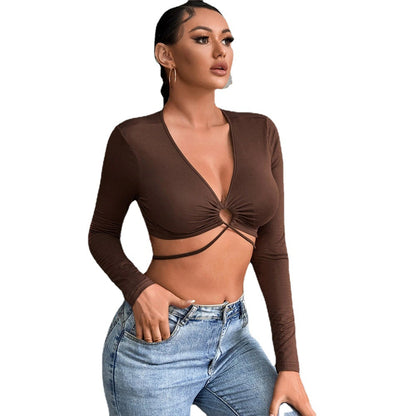 Sexy Hollow Out Cutout Slim T-shirt cropped All-Match V-neck Top for Women