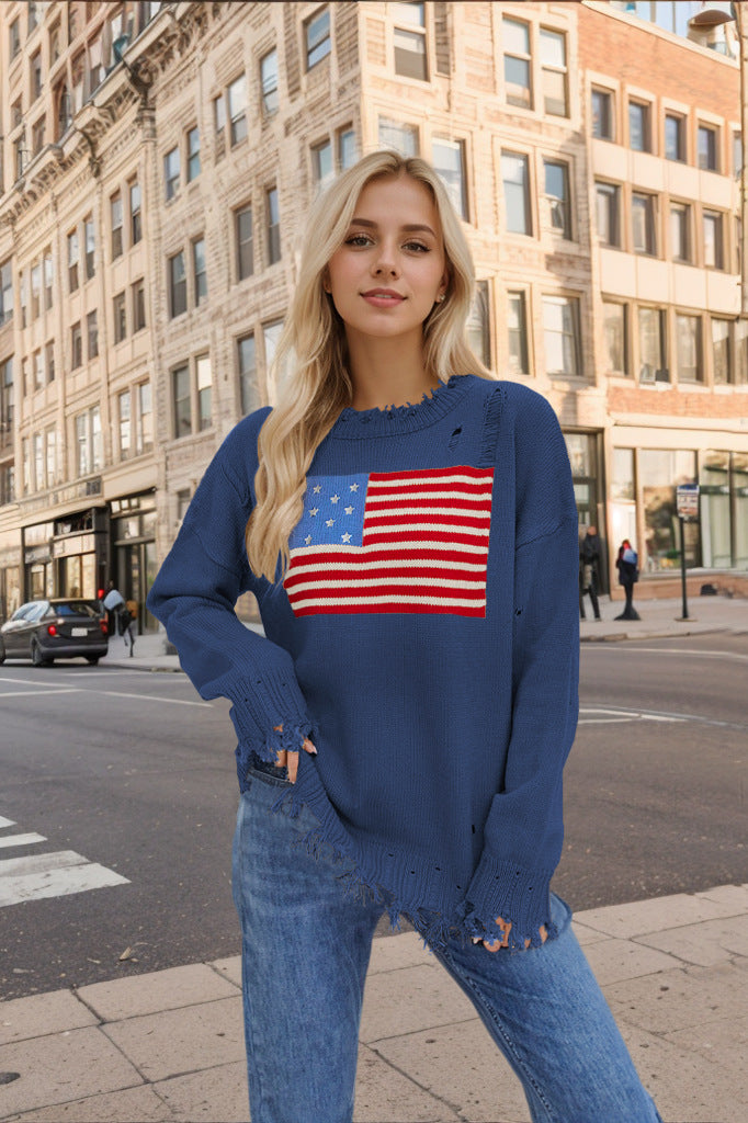 Autumn Winter Round Neck Flag Easter Independence Day Sweater Women