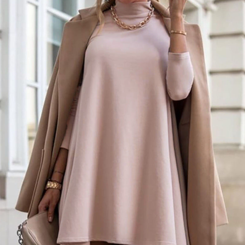 Fall Winter Casual Women Solid Color Long Sleeve High Collar Loose Autumn Dress