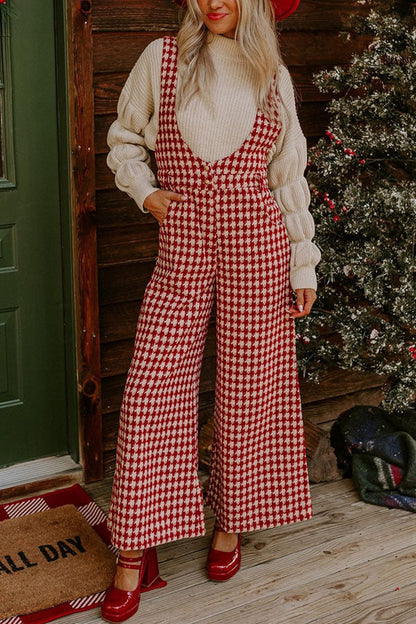 Autumn Winter Clothing Printing Plaid Loose Suspender Wide Leg Trousers Women