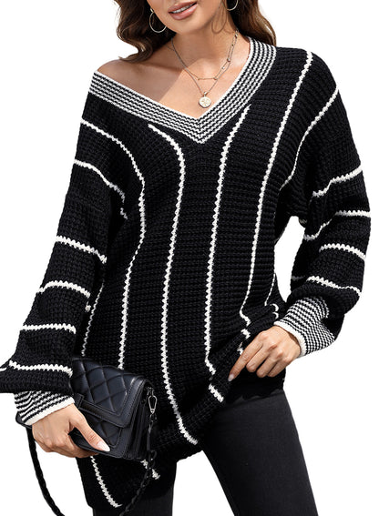 Autumn Winter Women Commuting Wear Knitted V Neck Striped Pullover Women Sweater No Belt