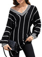 Autumn Winter Women Commuting Wear Knitted V Neck Striped Pullover Women Sweater No Belt