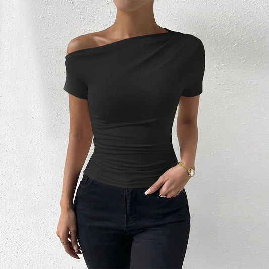 Slim Fit Pleated Short Sleeved T shirt Summer Irregular Asymmetric Niche Top for Women