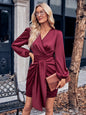 Autumn Winter Arrival Women Casual V neck Solid Color Tie Waist Long Sleeve Sexy Dress