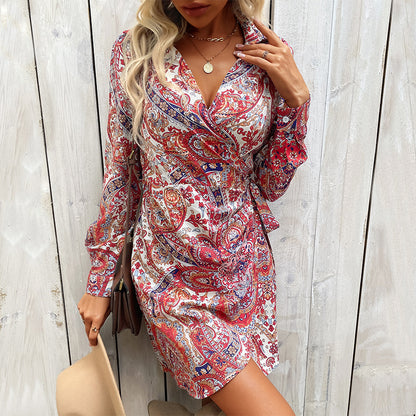 Women Wear Printed Long Sleeve One Piece Dress