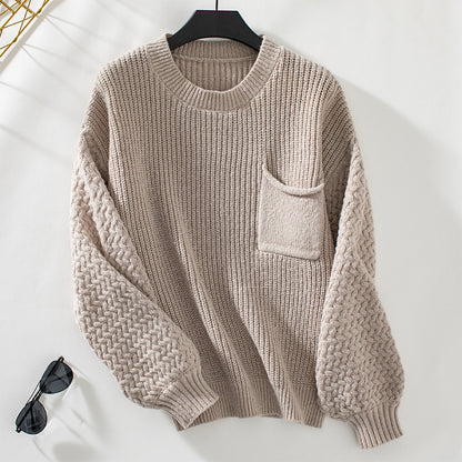 Solid Color Pocket Pullover Women Sweater Autumn Winter Casual round Neck Long Sleeve Sweater