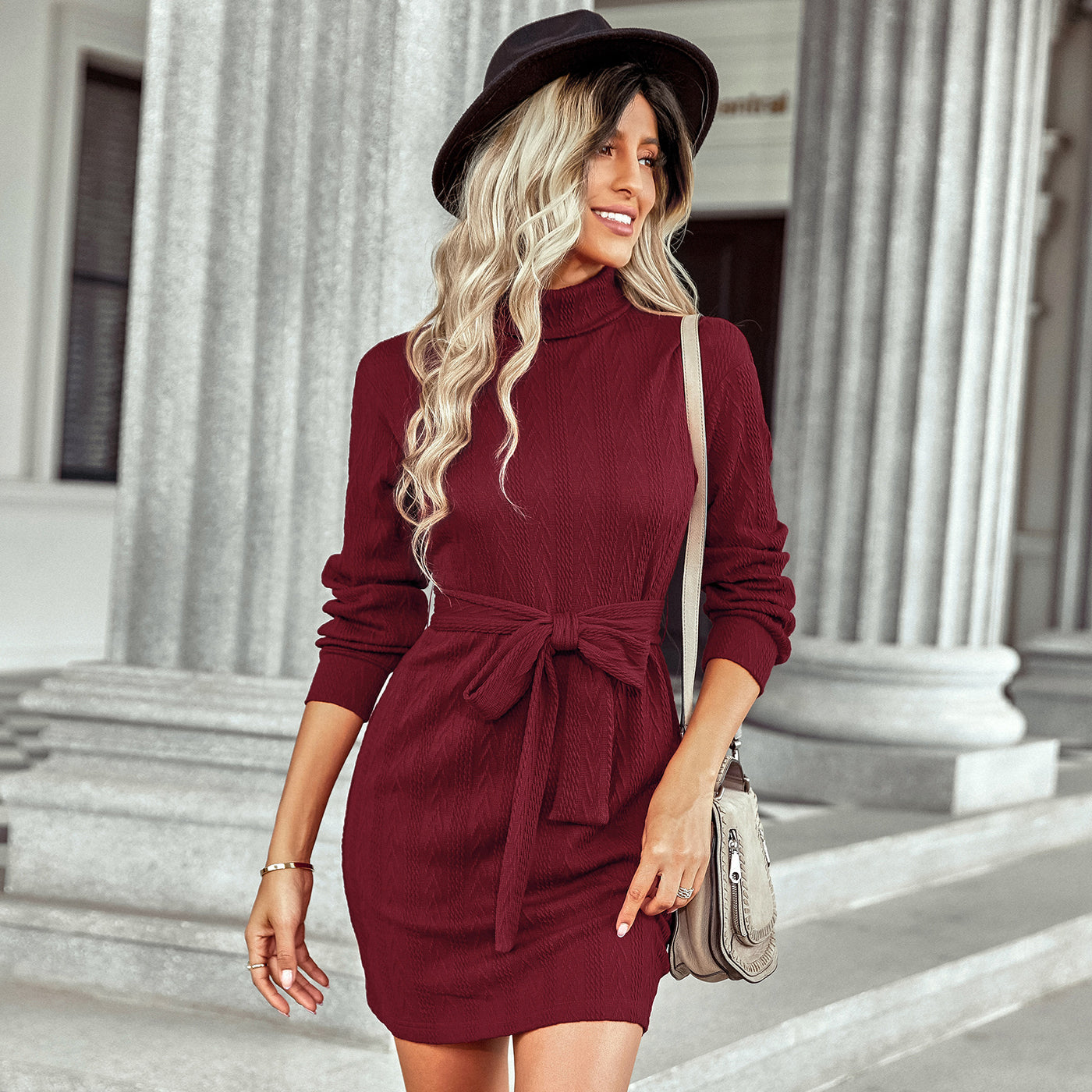 Autumn Winter Embroidered Dress Women Clothing Thermal Turtleneck Lace-up Sheath Dress