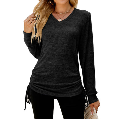 Autumn Winter Solid Color Long Sleeve V neck Pleating Loose itting T shirt Top Ladies