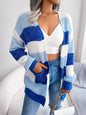 Autumn Winter  Striped Lantern Sleeve Casual Cardigan Sweater Coat Women Clothing