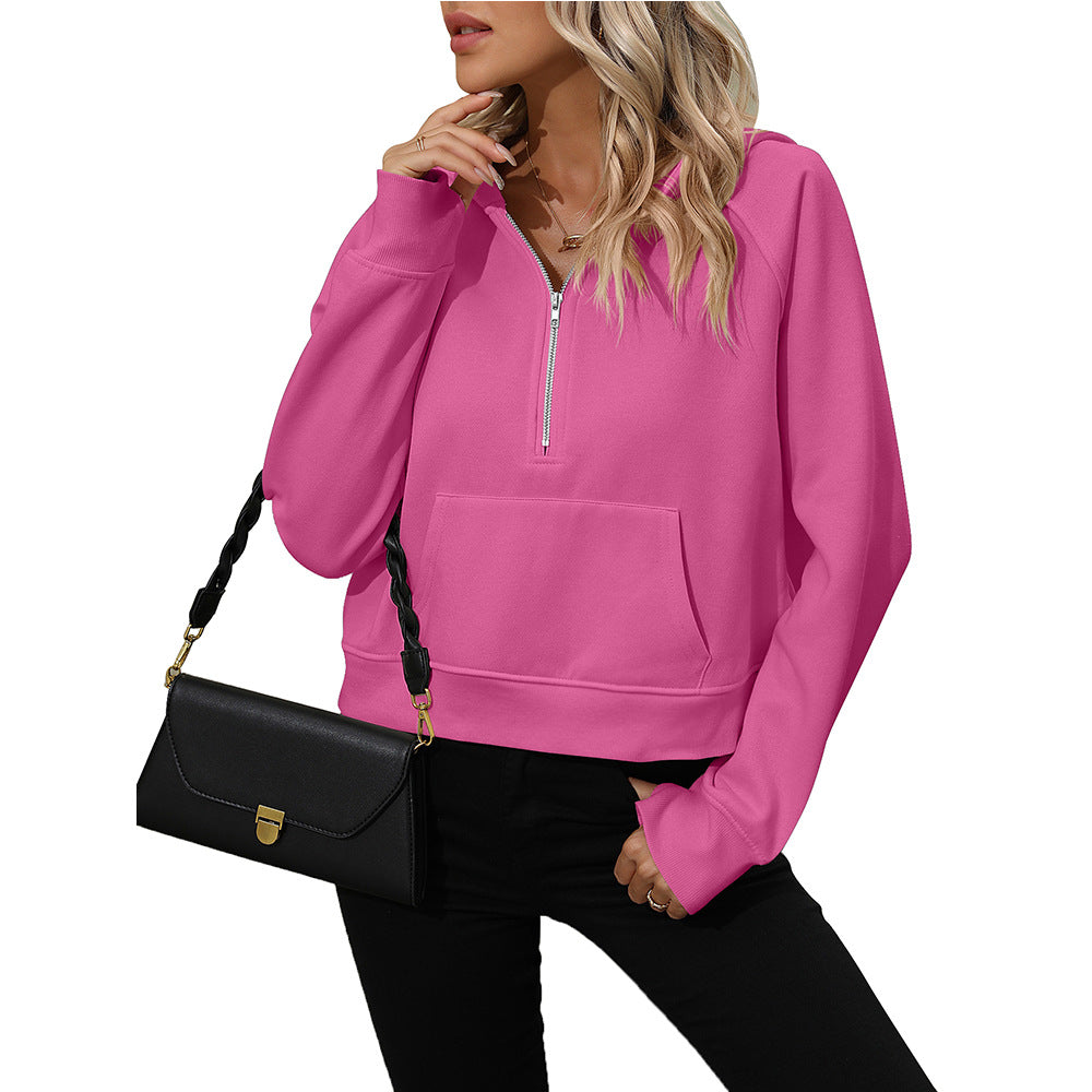 Ladies Half Zip Pullover Hooded Sweatshirt Fleece Short Chic Sweatshirt