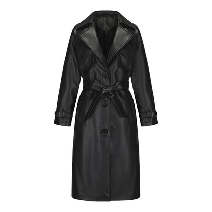 Spring Autumn Women Trench Coat Long Loose Jacket Faux Leather Coat Women Oversize Classic Turn down Collar Coat Containing Belt