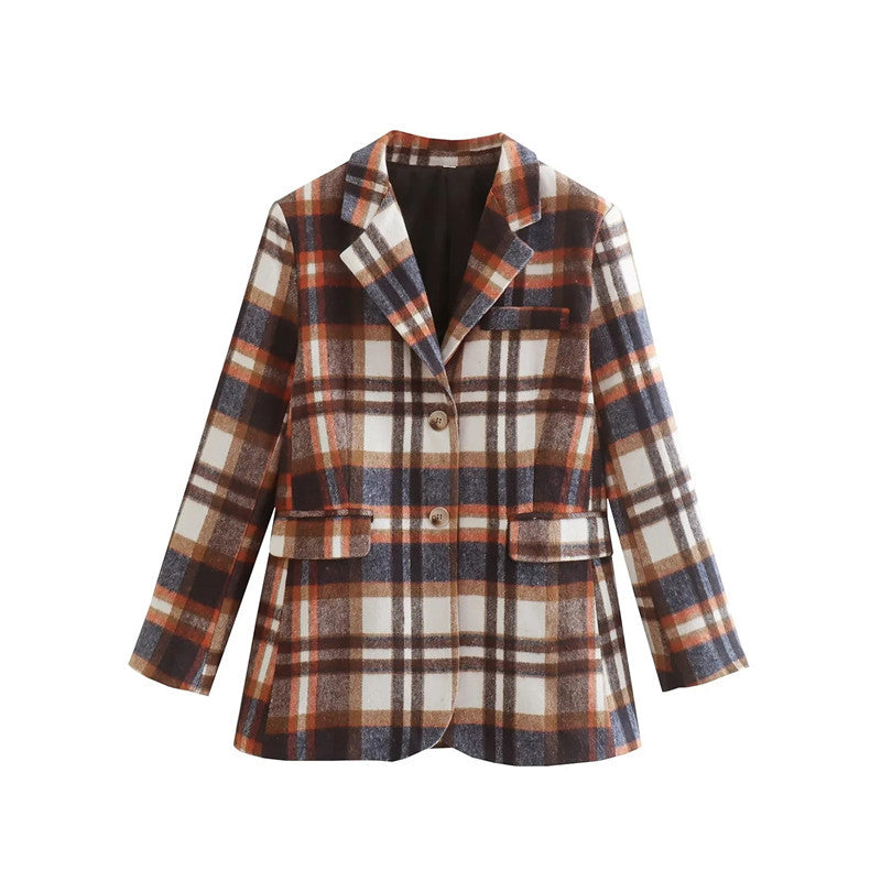 Women Slim-Fit Office  V neck Long Sleeve Woolen Plaid Blazer