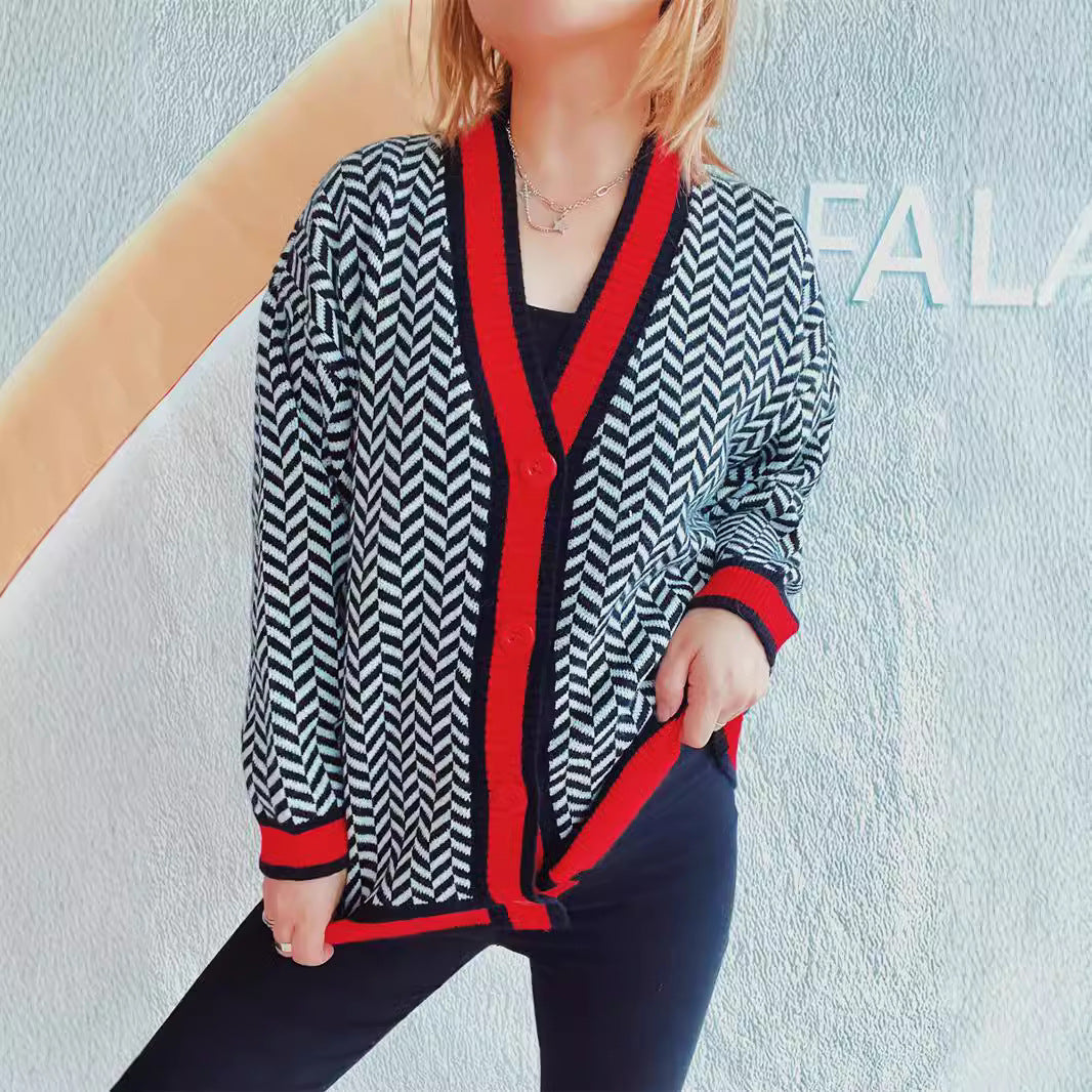 Women Clothing Street Cool Retro Color Effect Collar Single Breasted Cardigan Houndstooth Brocade Sweater Coat Women