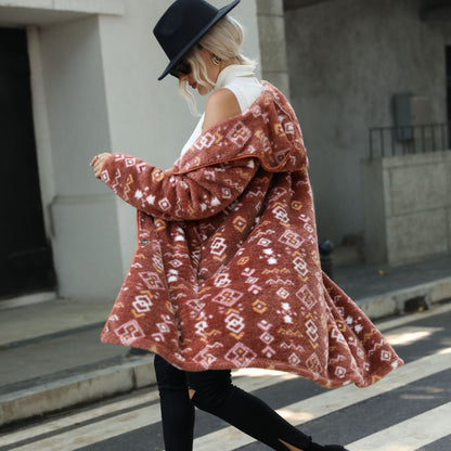 Ladies Hooded Long Sleeve Geometric Abstract Printed Single Breasted Extended Regular Plush Coat