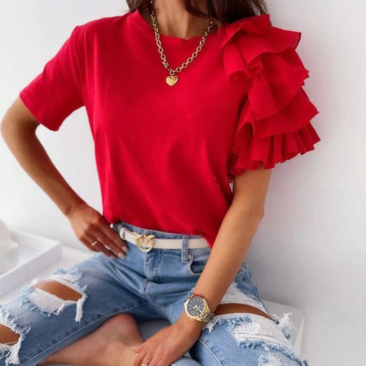 Korean Elegant Simple Ruffled Petal Short Sleeve Asymmetric round Neck T shirt for Women