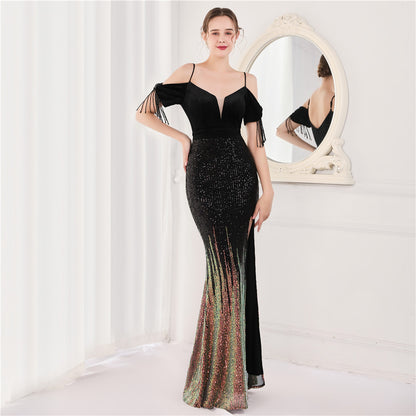 Velvet Spaghetti Straps Cocktail Evening Dress Dress Elegant Company Annual Meeting Women Sexy Long Short Sleeve