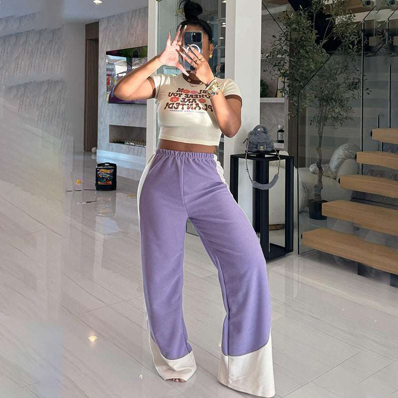 Women Clothing High End Casual Mixed Color Stripe Elastic Waist Loose Wide Leg Pants