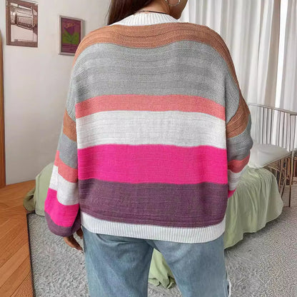 Sweater Cardigan Striped Coat Autumn Winter Women Buckle Free Knitted Coat