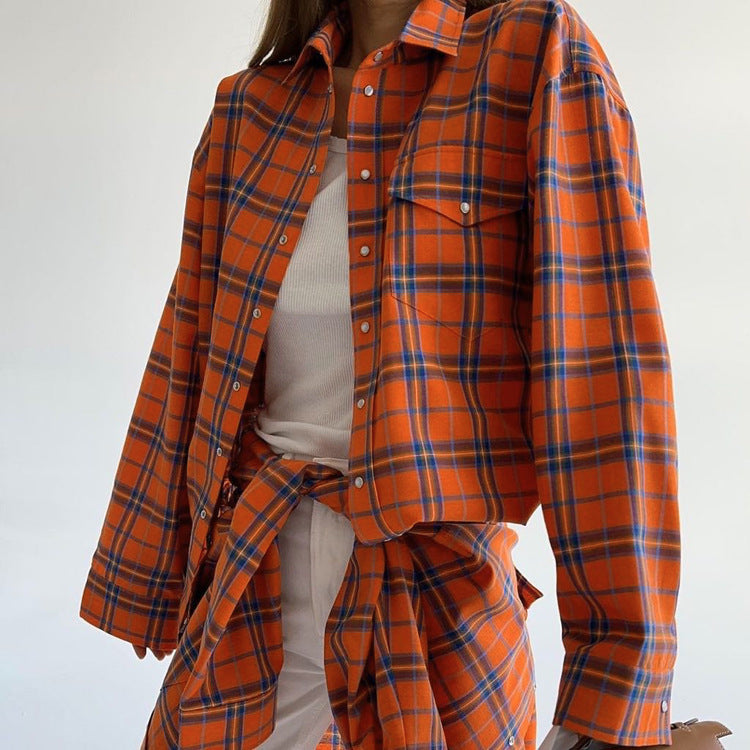 Fall Women Clothing College Orange Plaid Shirt Women Loose Pockets Collared Long Sleeve Shirt