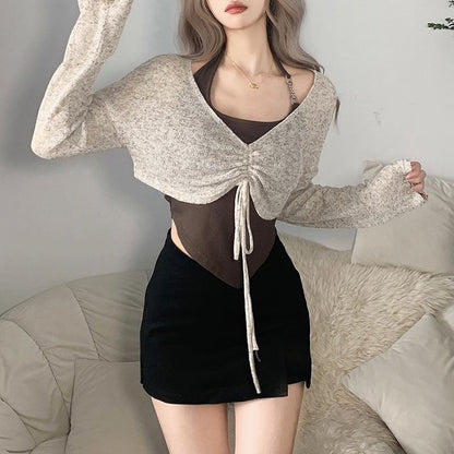 Fall Women Clothing Solid Color Slim Fit V neck Long Sleeve Halterneck Vest Two Piece Set