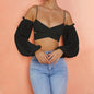 Summer off-Shoulder Tube Top Sling Short Mesh Chiffon Hollow Out Cutout Top for Women