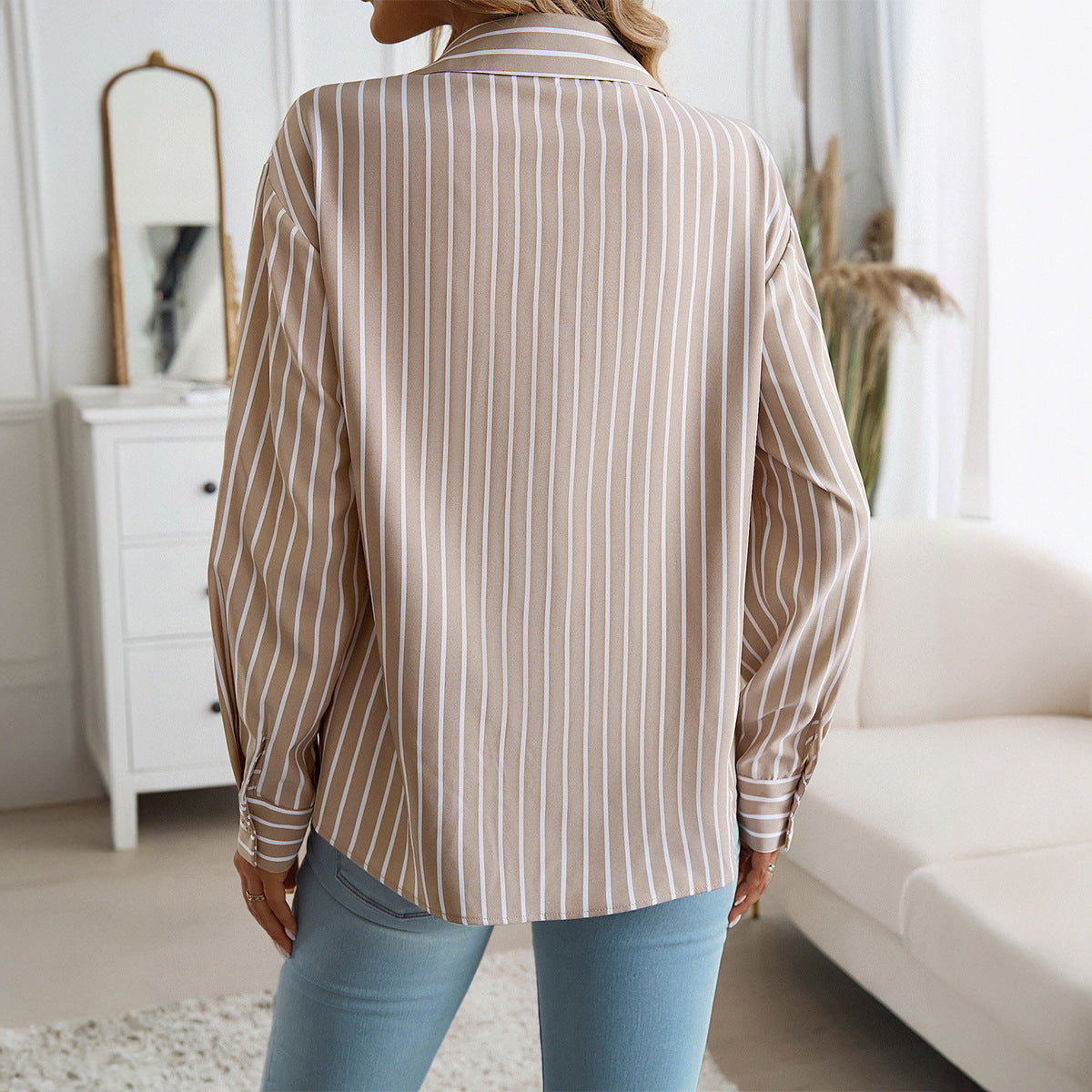 Autumn Winter Top Women Loose Button Cardigan Striped Long Sleeve Shirt