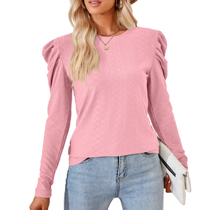 Autumn Solid Color round Neck Loose Pleated Long-Sleeved T-shirt Top Women Clothing