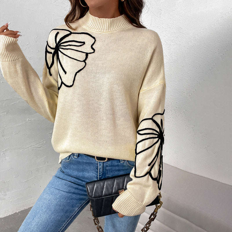 Fall Women Clothing Half Turtleneck Floral Pattern Sweater Women