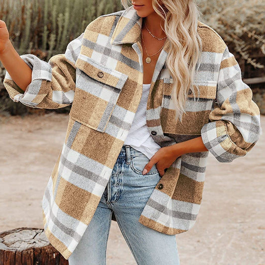 Women Clothing Autumn Winter New Plaid Button Shacket Flannel Woolen Coat Coat