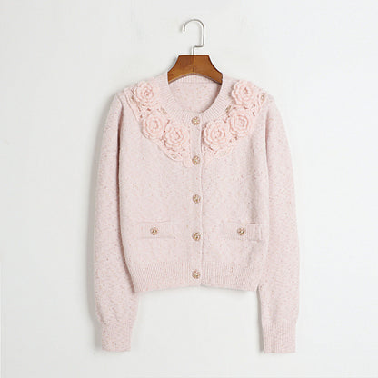 Hand Crochet Three Dimensional Floral Round Neck Cardigan Early Spring Gentle Single Breasted Sweater