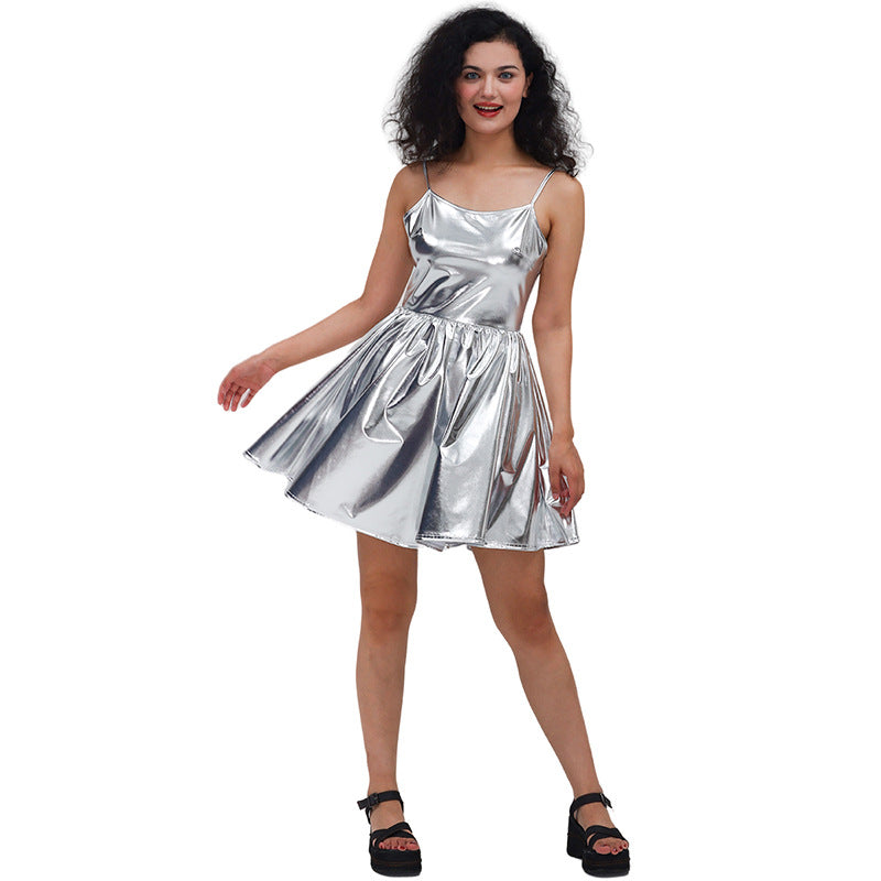 Sequin Sling Dress Bronzing Patent Leather Solid Color Sexy Pleated Dress Costumes Women