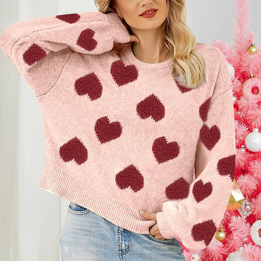 Bubble Sleeve Valentine Day Pink Sweater Loose Sweet Loving Heart Jacquard Pullover Sweater