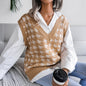 Autumn Winter  V-neck Houndstooth Casual Loose Knitted Vest Sweater Waistcoat Women Clothing